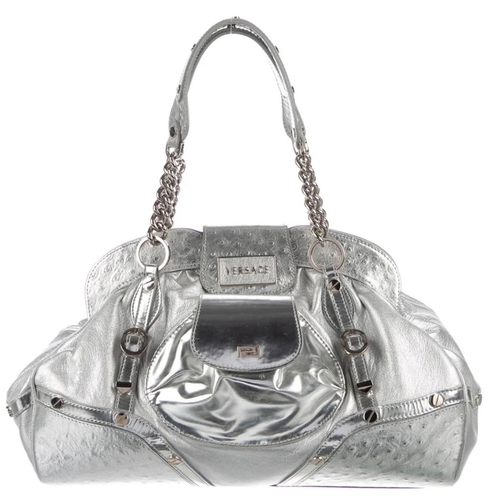 VERSACE Ostrich Show Bag in Metallic Silver Leather & Ostrich trim
